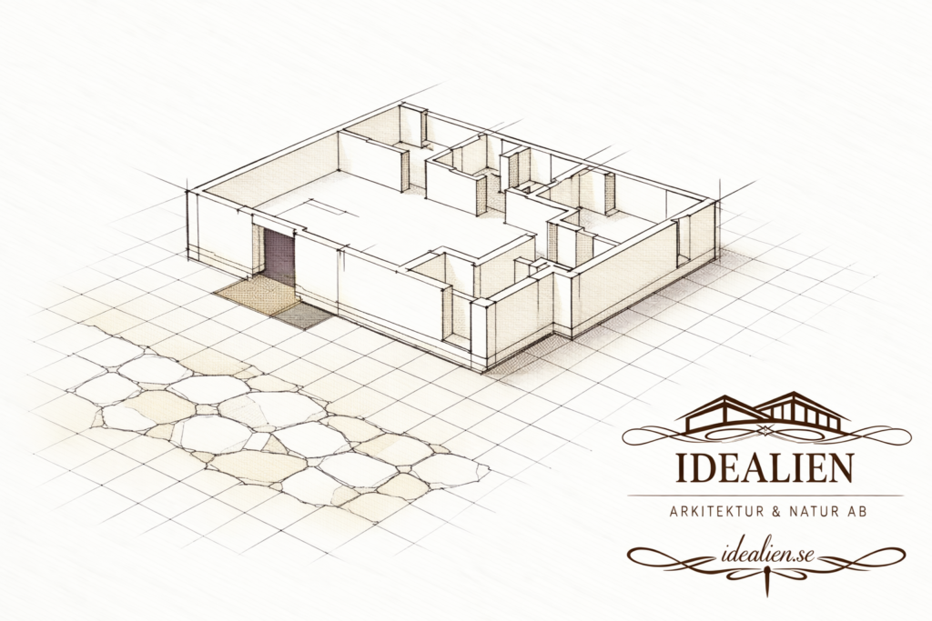 En 3D-plan på ett rutnät med stenplattor. Visualiserar IDEALIENS rena formspråk och enkelhet.